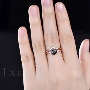 Black Onyx ring rose gold sterling silver vintage Hexagon cut black onyx engagement ring set 6 prong moissanite ring bridal ring set women image 2
