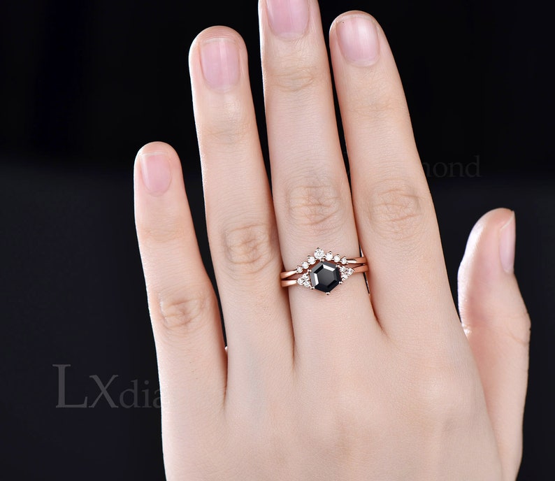 Black Onyx ring rose gold sterling silver vintage Hexagon cut black onyx engagement ring set 6 prong moissanite ring bridal ring set women image 2