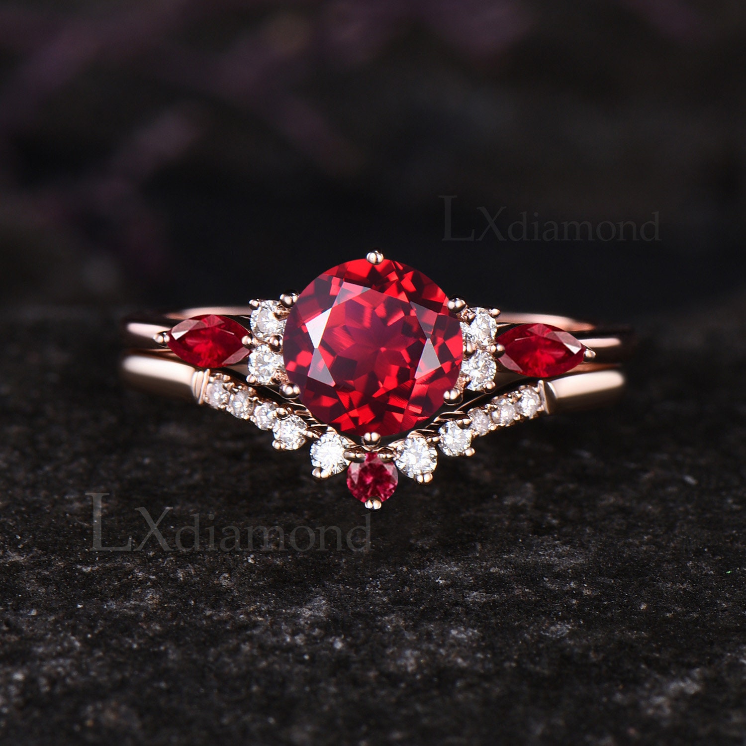 Vintage Round Cut Ruby Engagement Ring Set Antique July Birthstone ...