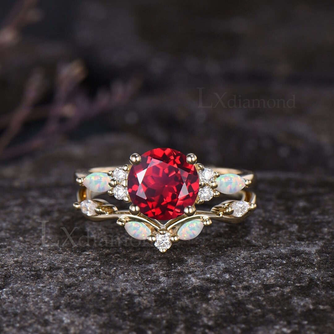 Vintage Round Cut Ruby Engagement Ring Set Unique 14k Yellow Gold July ...