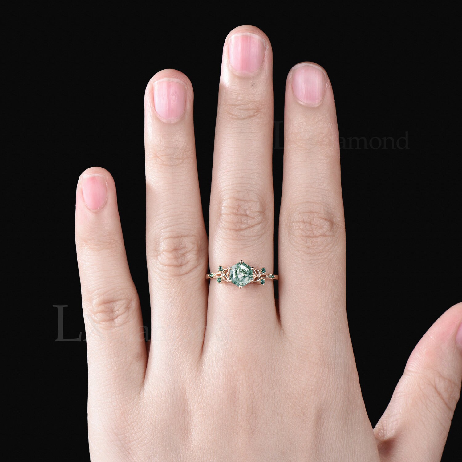 Art Deco Hexagon Cut Natural Moss Agate Engagement Ring Green