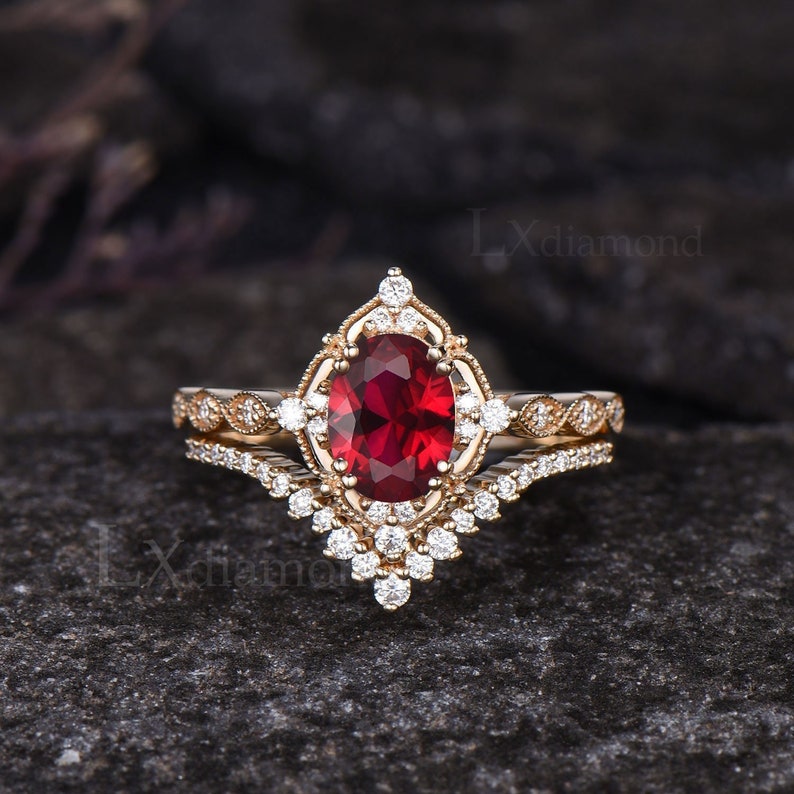 Vintage Oval Cut July Birthstone Ruby Engagement Ring Set Milgrain 14k ...