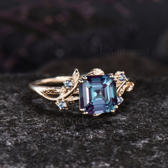 Asscher Cut Alexandrite Engagement Ring Leaf Vine Twig Branch