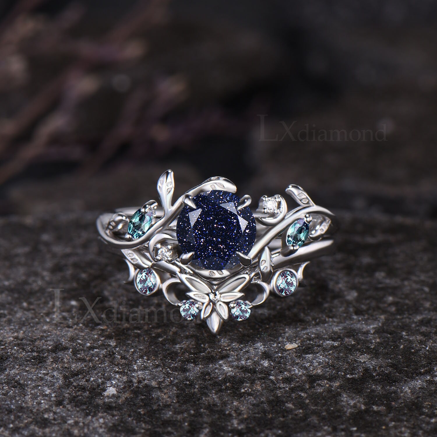 Galaxy Round Cut Blue Sandstone Engagement Ring Set Unique Healing