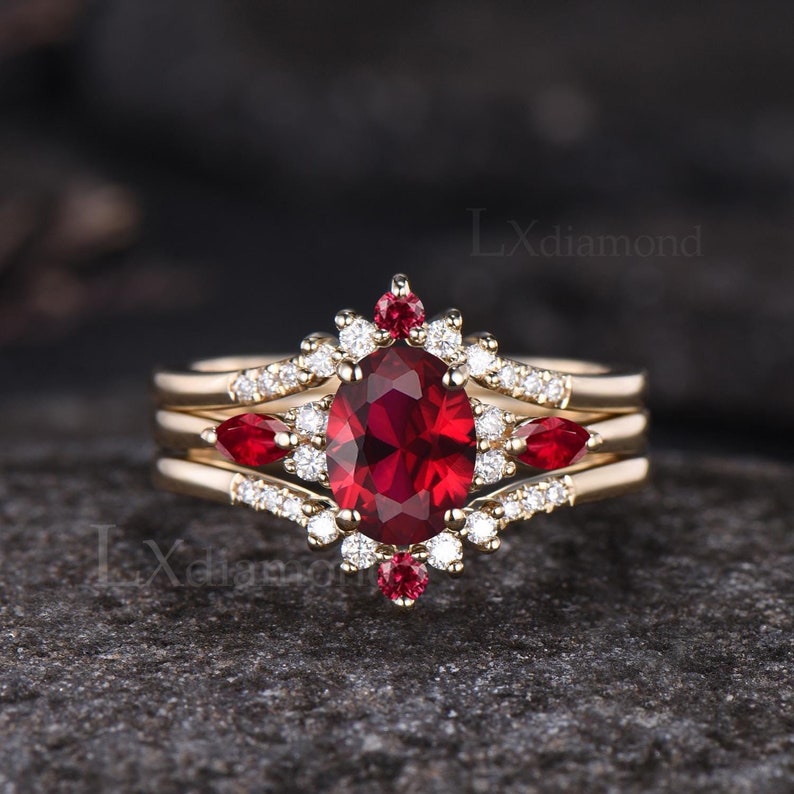 Delicate Oval Cut July Birthstone Ruby Engagement Ring Set Unique 14k ...