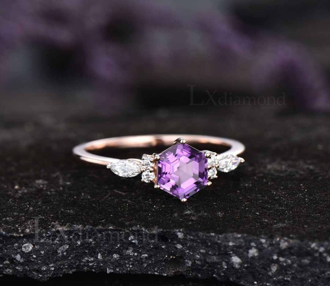 Hexagon Cut Purple Amethyst Ring Vintage Unique Amethyst