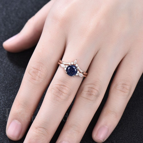 Round blue shops sandstone ring set blue sandstone engagement ring set sterling silver ring marquise cut ring stacking ring set Anniversary ring