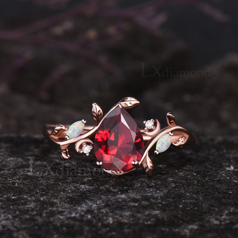 Unique Leaf Vine Twig Branch Nature Inspired Ring Set Art Deco Pear Cut Ruby Engagement Ring Set 14k Rose Gold Opal Moon Wedding Ring Women 1pc Engagement Ring