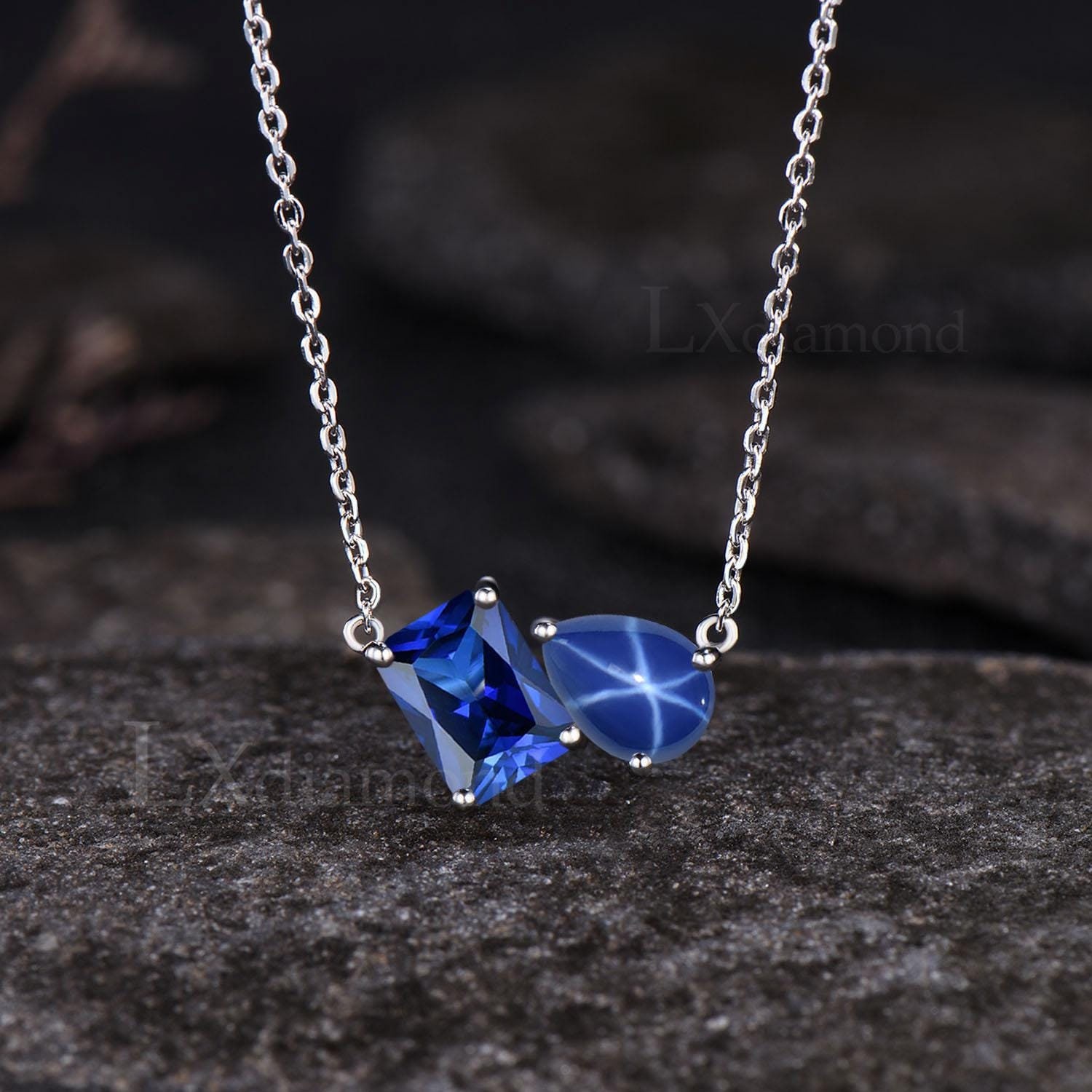 Emerald Cut Blue Sapphire Necklace Unique Pear Cut Blue Star Sapphire Pendant 925 Sterling Silver September Birthstone Two Stone Necklace