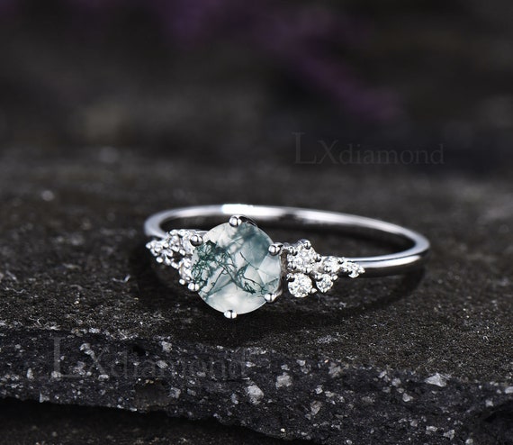 Round Moss Agate Ring 925 Sterling Silver Snowdrift Ring Moss Agate Engagement Ring Six Prong Unique Promise Wedding Ring Anniversary Gifts Etsy