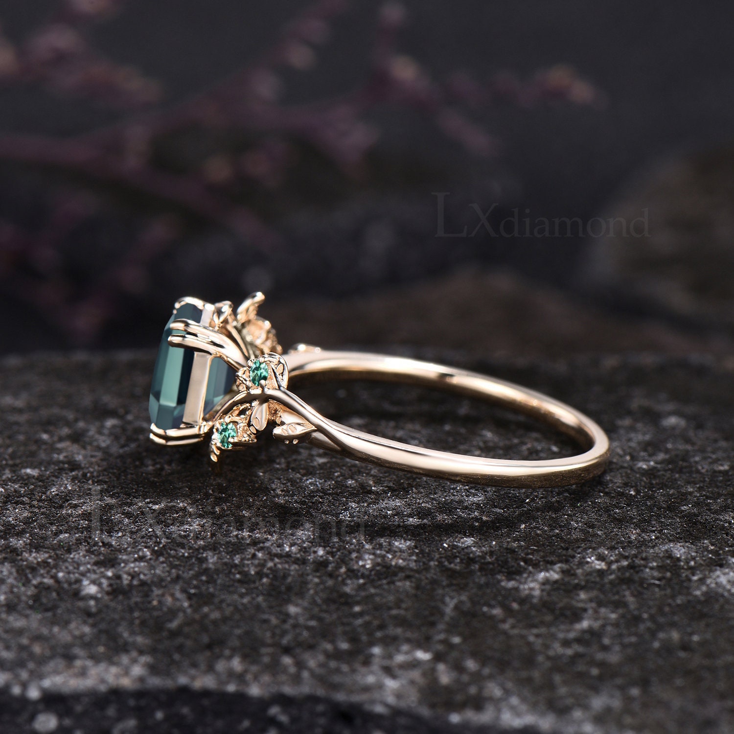 Leaf Vine Twig Branch Nature Inspired Wedding Ring Asscher Cut Green ...