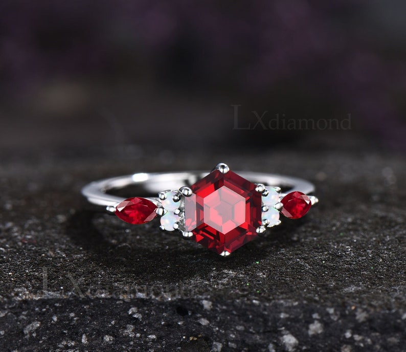 Vintage Hexagon Cut Ruby Engagement Ring July Birthstone Red Gemstone ...