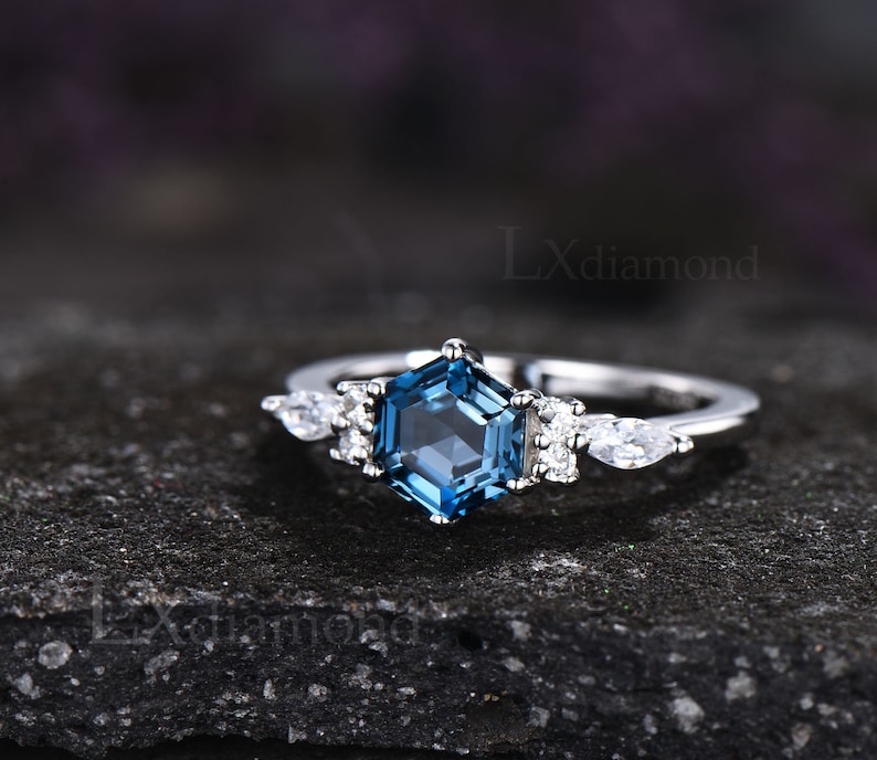 Hexagon Cut London Blue Topaz Ring 925 Sterling Silver Rose Gold Plated ...