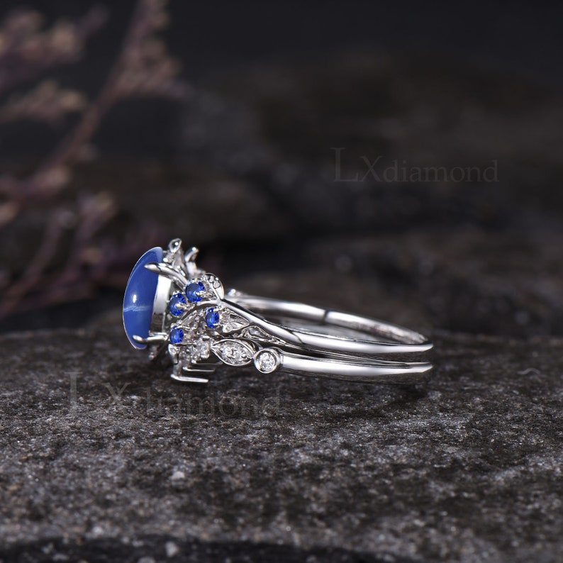 Vintage Oval Cut Star Blue Sapphire Engagement Ring Set Unique September Birthstone Blue Sapphire Ring Art Deco Leaf Nature Inspired Ring image 9