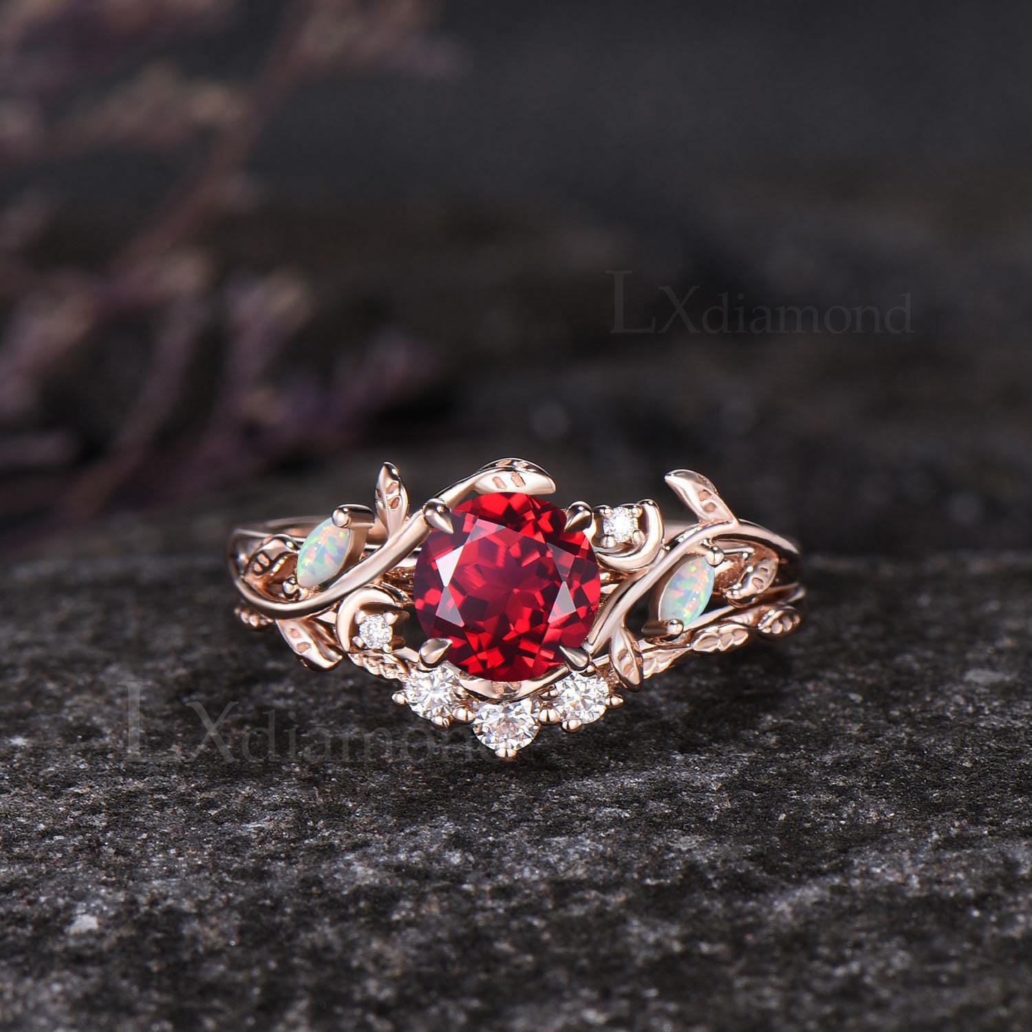 Dainty Round Cut Ruby Engagement Ring Set Unique Leaf Moon Nature ...
