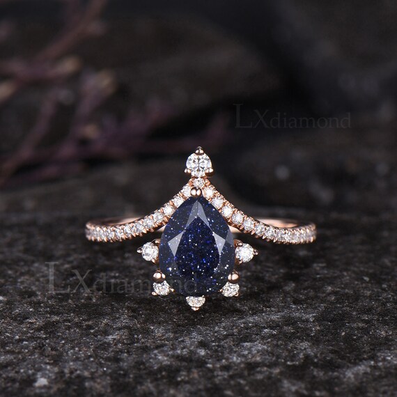 Galaxy Pear Cut Blue Sandstone Engagement Ring Set Unique