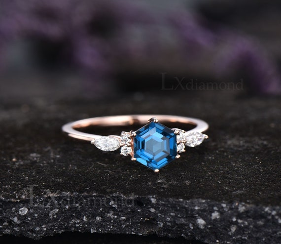 Hexagon Cut London Blue Topaz Ring 925 Sterling Silver Rose - Etsy