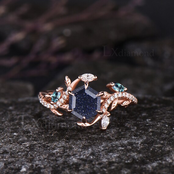 Galaxy Hexagon Cut Blue Sandstone Engagement Ring Set Unique Leaf