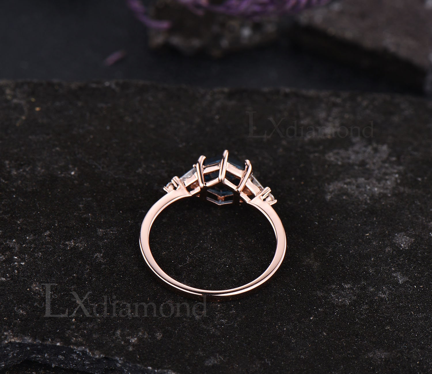 Labradorite Ring Gold Silver Hexagon Cut Blue Labradorite