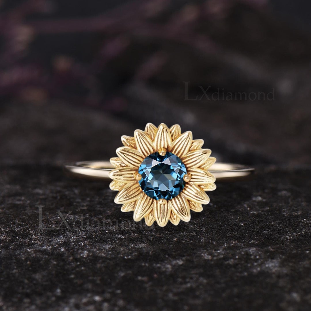Delicate Round Cut Natural London Blue Topaz Engagement Ring Unique ...
