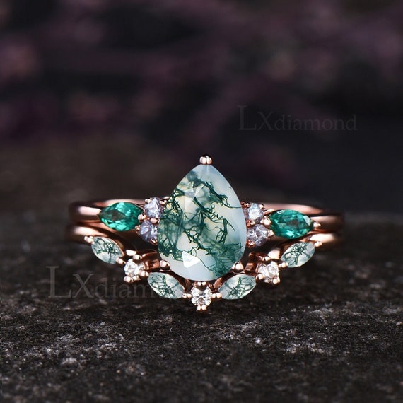 モスアゲートエンゲージリングセット ユニークなアレキサンドライト