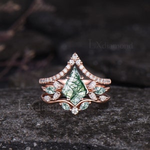 Kite Cut Green Moss Agate Engagement Ring Set Unique Marquise Natural Green Gemstone Cluster Ring 925 Sterling Silver 2pcs Bridal Ring Set 3pcs Ring Set
