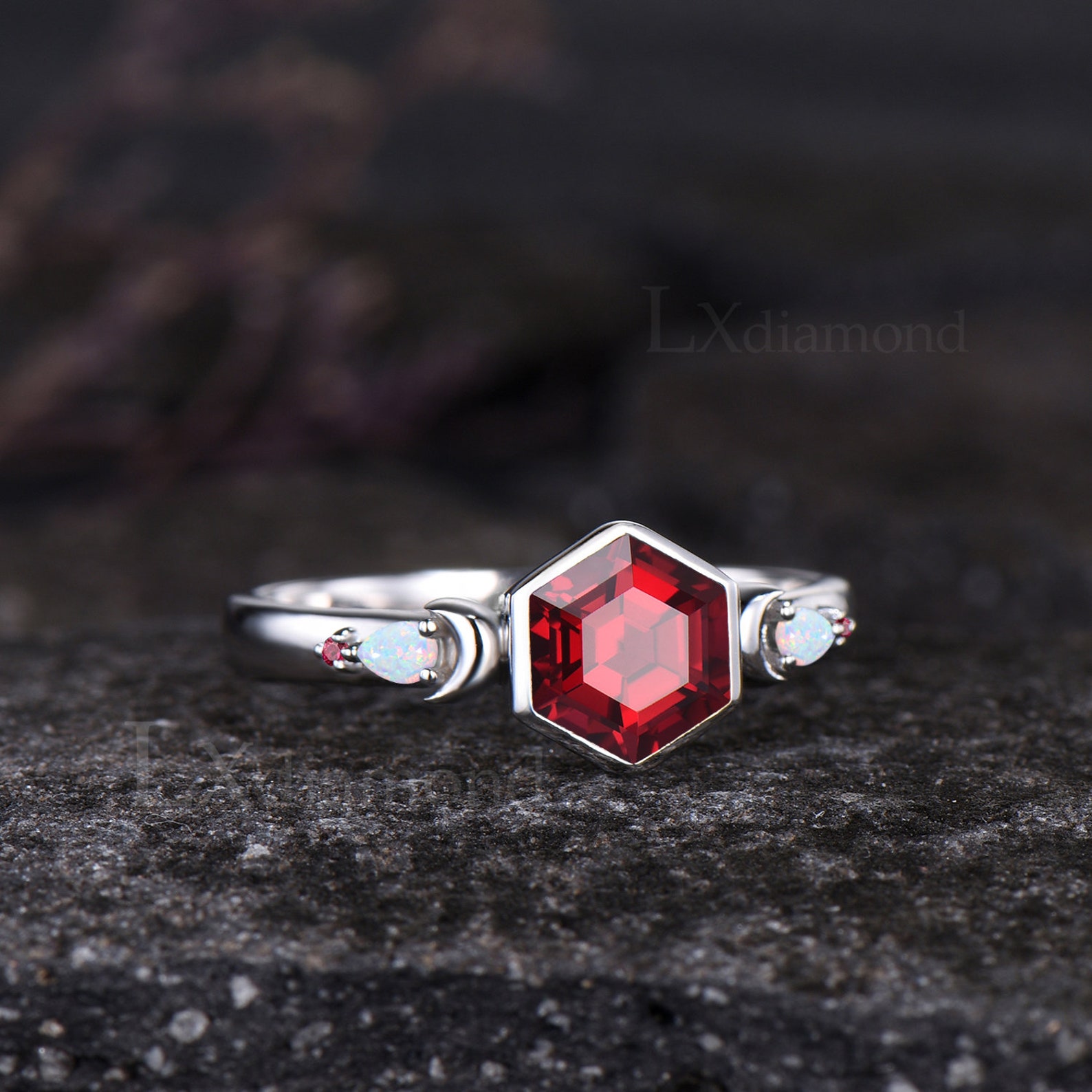 Vintage Hexagon Cut Ruby Engagement Ring Antique July Birthstone Red ...