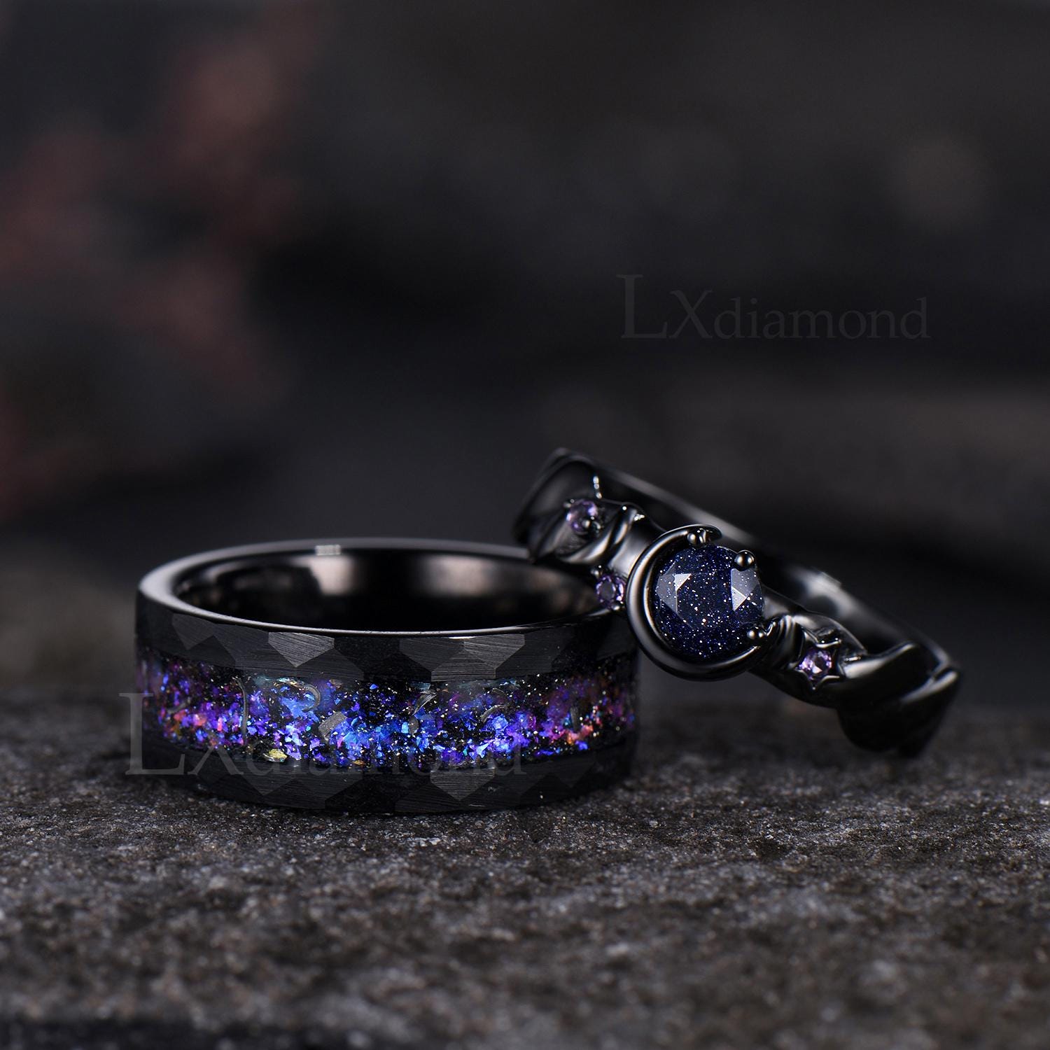 Black Wedding Ring Set for Couples Galaxy Tungsten Band and