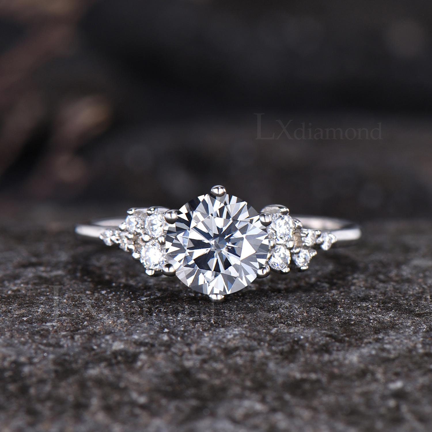 1ct Round cut Gray moissanite ring vintage unique snowdrift engagement ring women white gold sterling silver diamond ring promise ring her