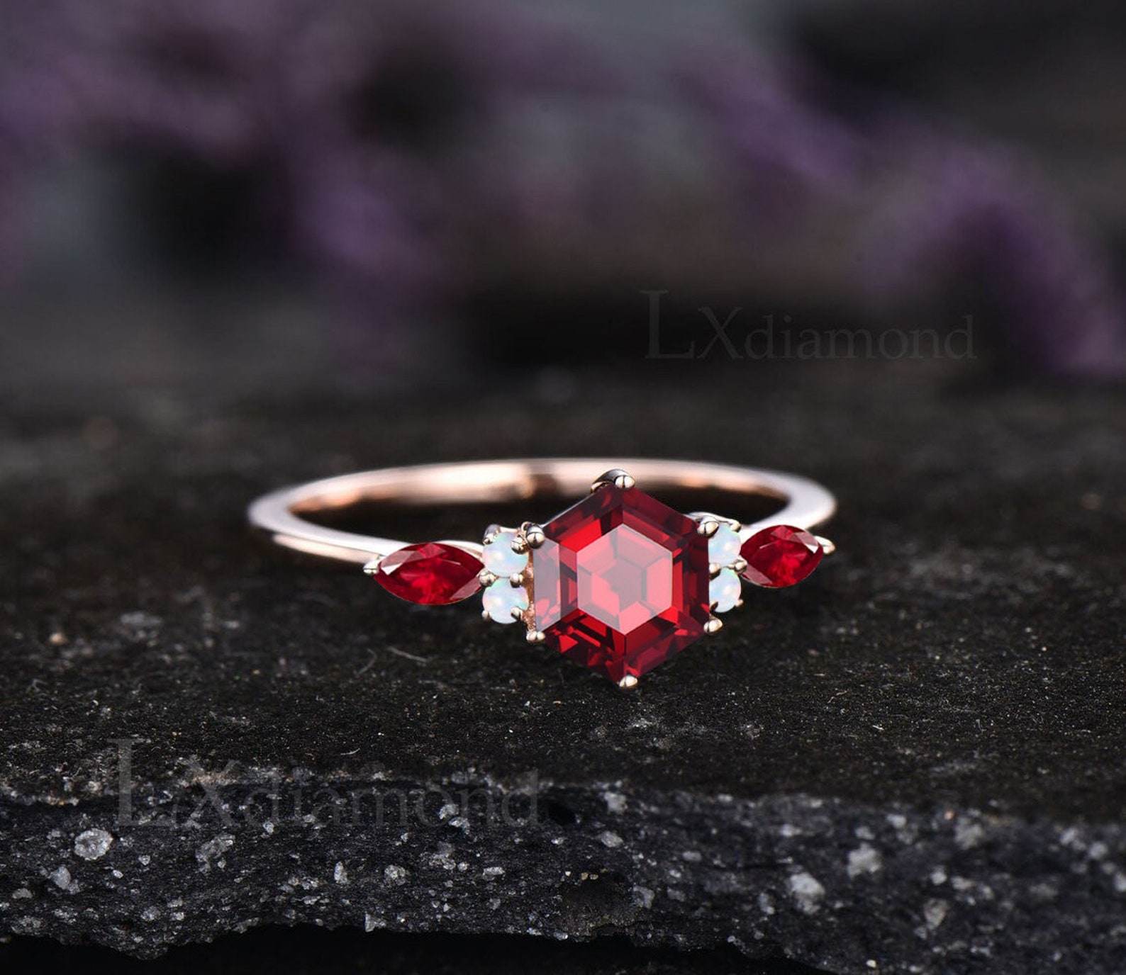 Vintage Hexagon Cut Ruby Engagement Ring July Birthstone Red Gemstone ...