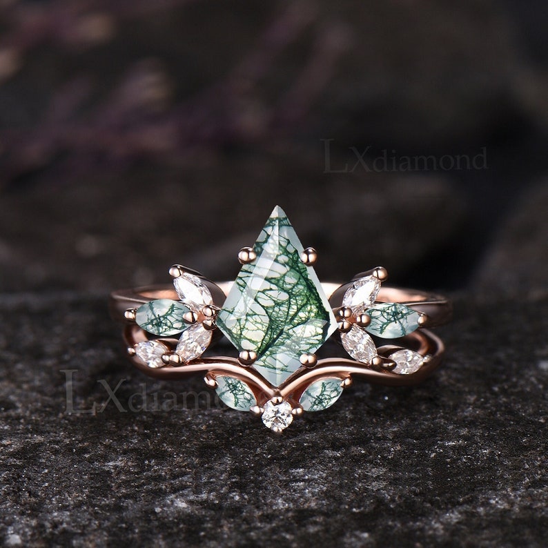 Kite Cut Green Moss Agate Engagement Ring Set Unique Marquise Natural Green Gemstone Cluster Ring 925 Sterling Silver 2pcs Bridal Ring Set 2pcs Ring Set