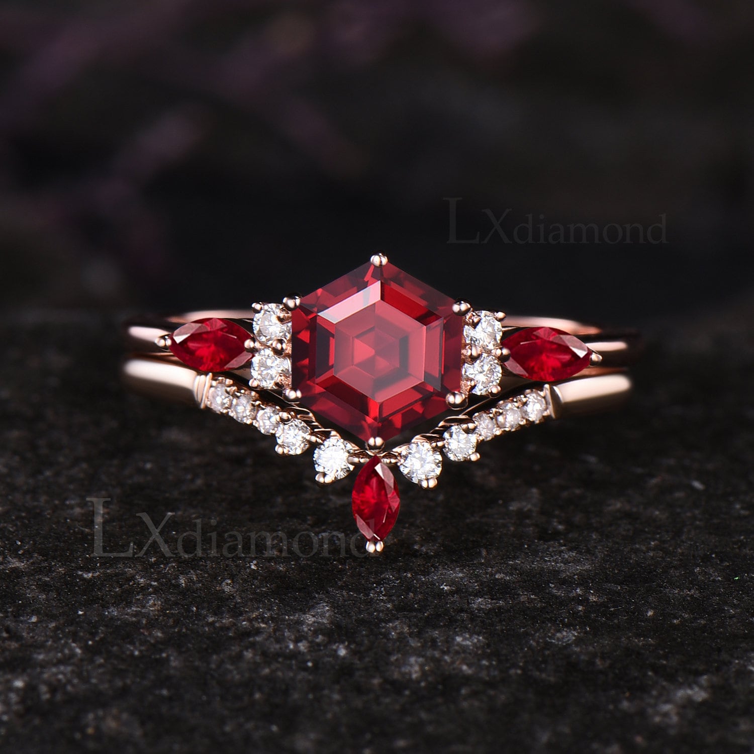 Antique July Birthstone Ruby Engagement Ring Set Unique 14k Rose Gold ...