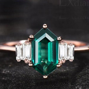 Emerald wedding ring Long hexagon cut emerald engagement ring 14k rose gold five stone baguette cut moissanite bridal promise ring gifts