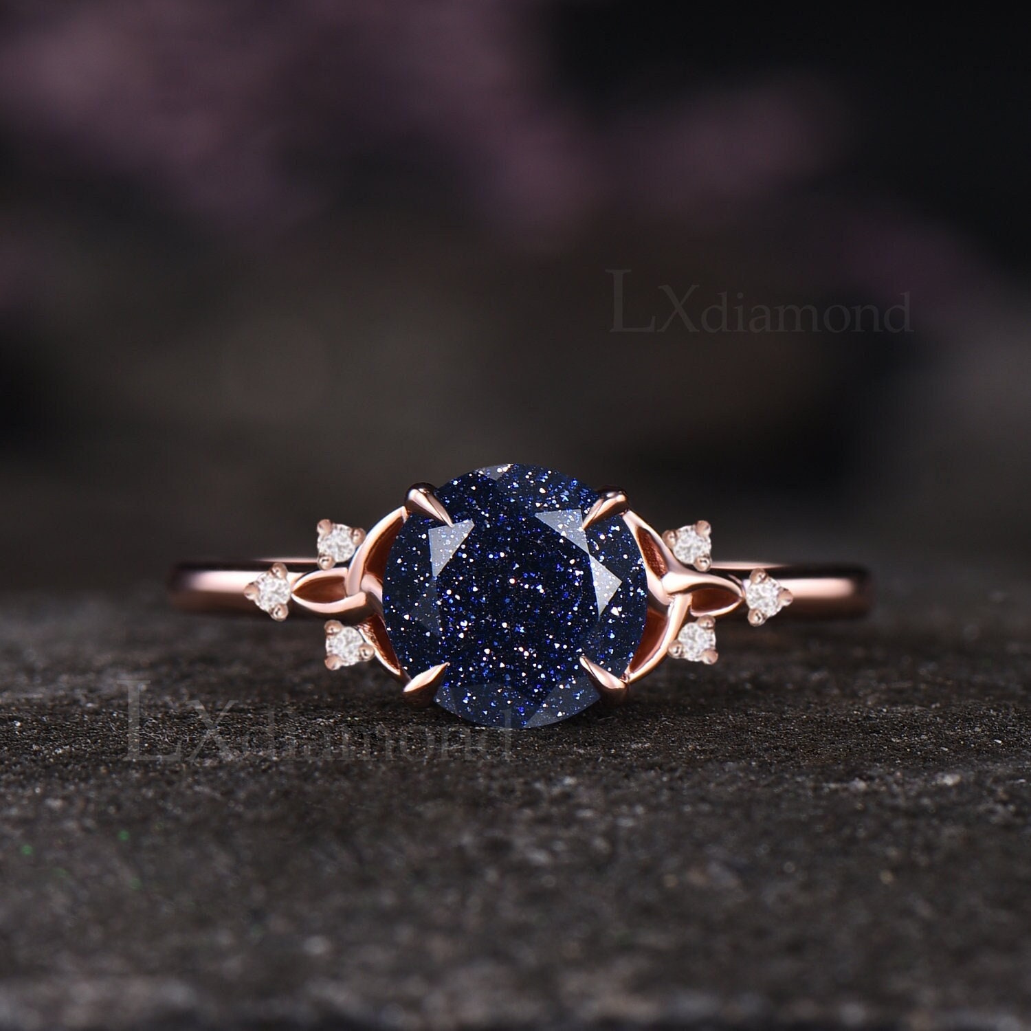Galaxy Round Cut Blue Sandstone Engagement Wedding Ring Unique