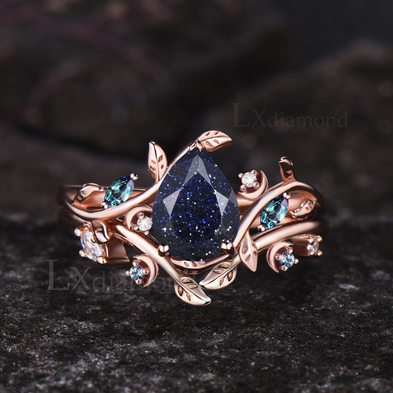 Galaxy Pear Cut Blue Sandstone Engagement Ring Set Leaf Vine Twig Branch Nature Inspired Ring Alexandrite Moon Wedding Band Healing Jewelry