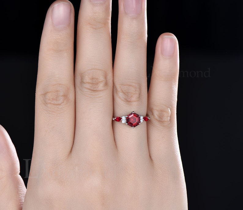 Vintage Hexagon Cut Ruby Engagement Ring July Birthstone Red Gemstone ...