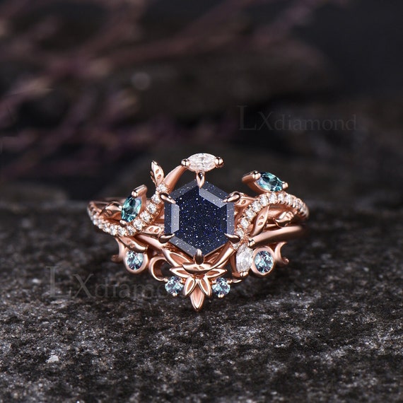 Galaxy Hexagon Cut Blue Sandstone Engagement Ring Set Unique Leaf