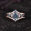 Vintage Round Alexandrite Engagement Ring Set June Birthstone Alexandrite Wedding Band 14k Rose Gold Cluster Halo 3pcs Bridal Ring Set Women