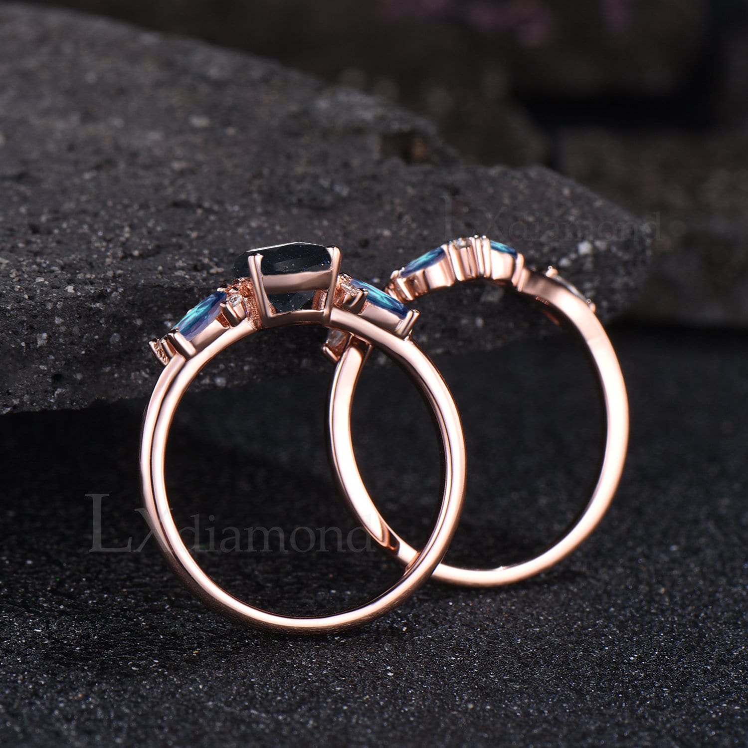 Unique Teardrop Galaxy Blue Sandstone Engagement Ring Set