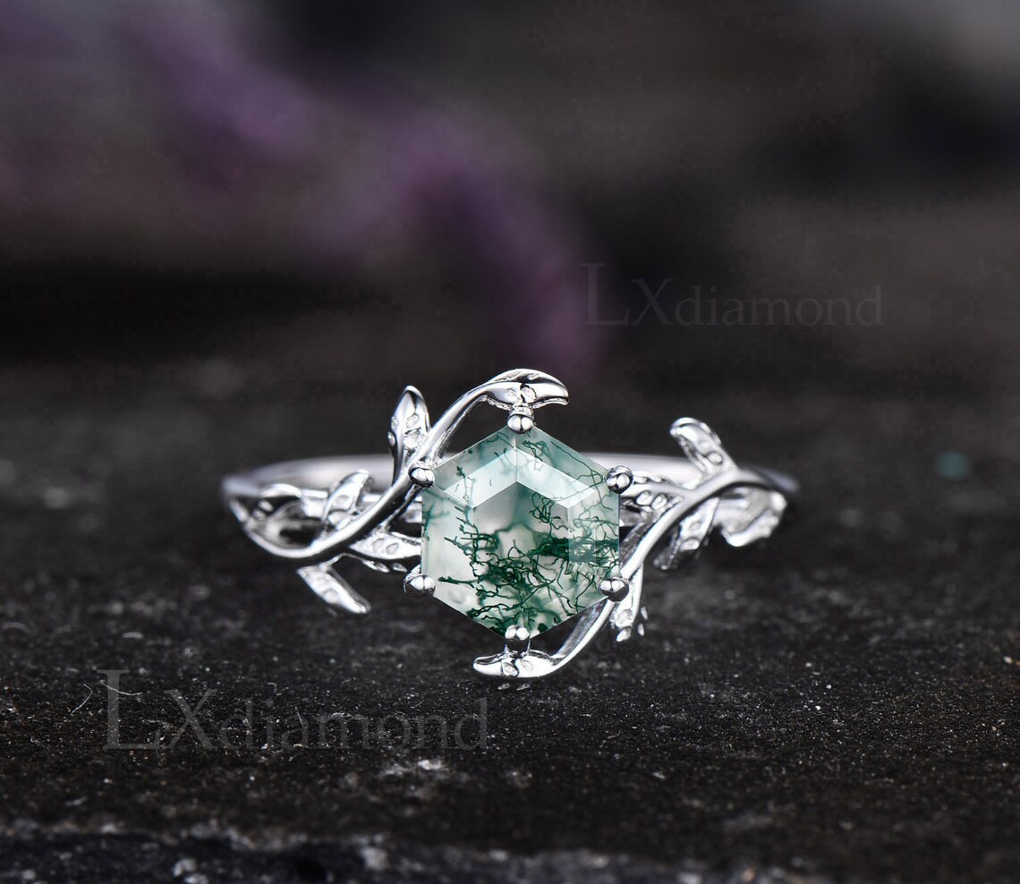 Hexagon Cut Moss Agate Ring 925 Sterling Silver Ring Moss - Etsy