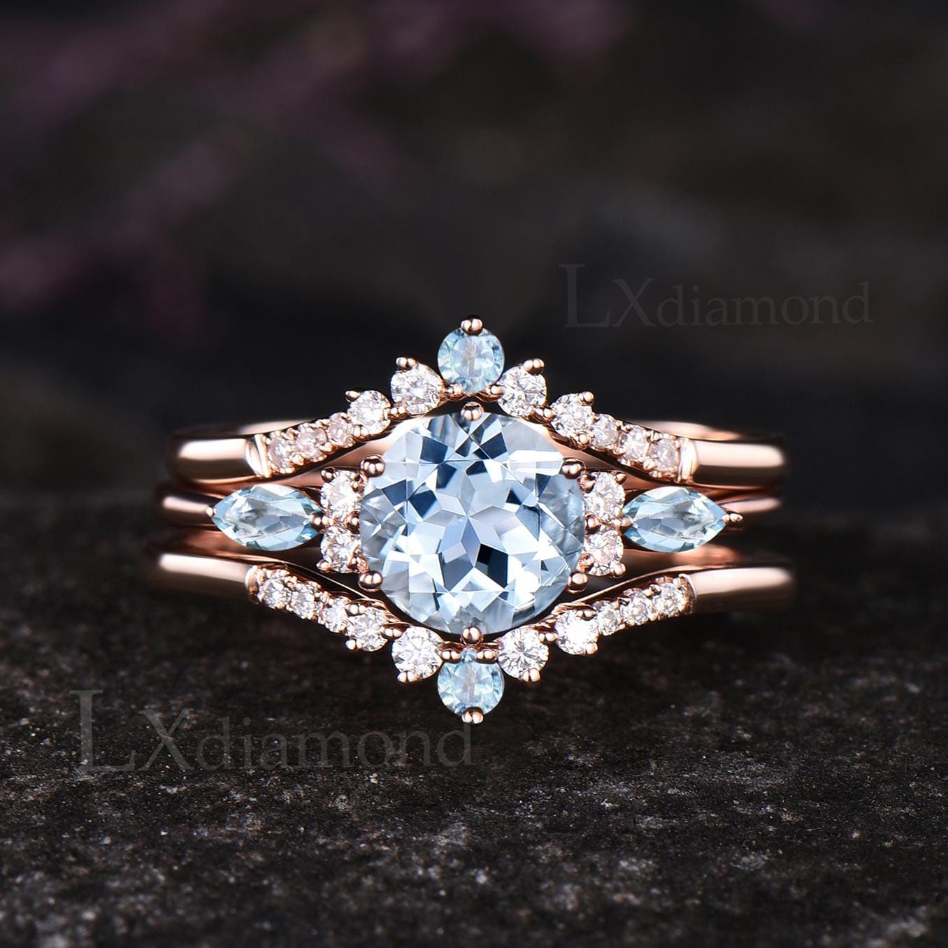 Vintage Round Aquamarine Engagement Ring Set March Birthstone Wedding Band 14k Rose Gold Cluster Halo 3pcs Bridal Ring Set Women