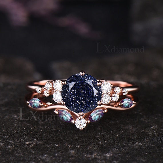 Galaxy Blue Sandstone Engagement Ring Set Unique Moissanite