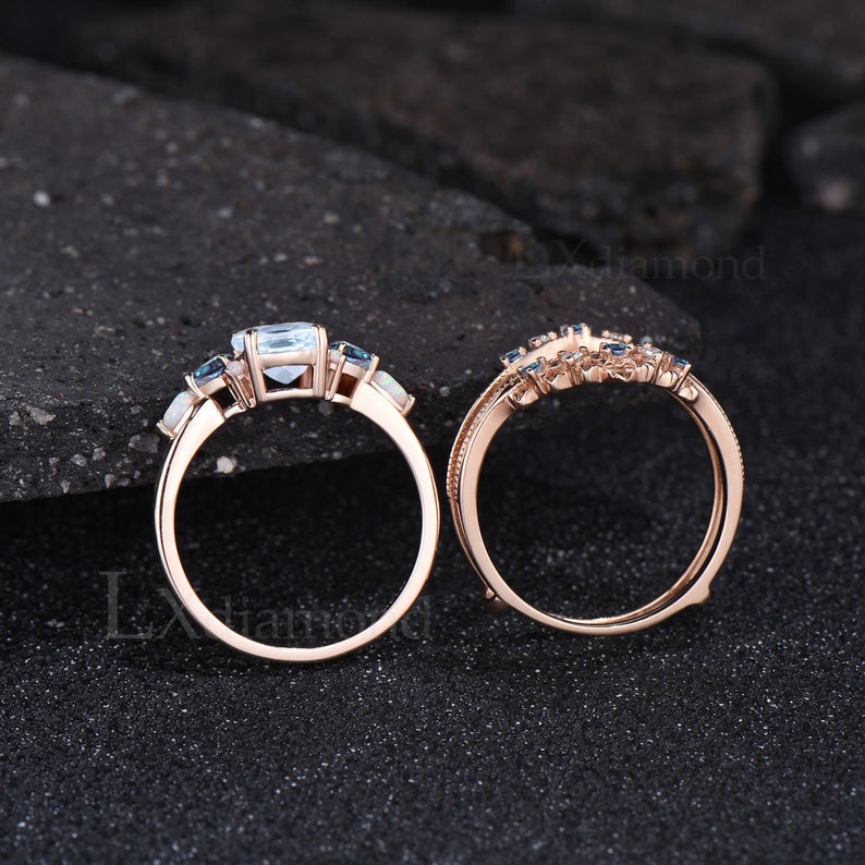Milgrain Oval Cut Natural Aquamarine Engagement Ring Set Vintage Alexandrite Opal Cluster Ring Antique March Birthstone 3pcs Bridal Ring Set image 6