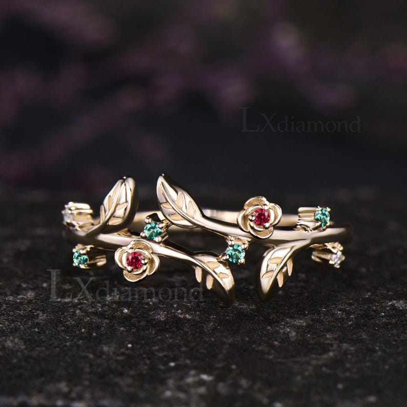 Nature Inspired Round Ruby and Emerald Leaf Flower Branch Bypass ...