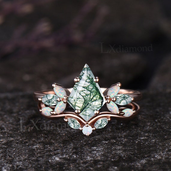 Unique Kite Cut Natural Green Moss Agate Engagement Ring Set