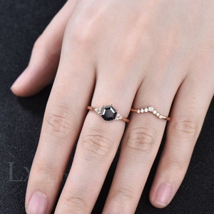 Black Onyx ring rose gold sterling silver vintage Hexagon cut black onyx engagement ring set 6 prong moissanite ring bridal ring set women image 3