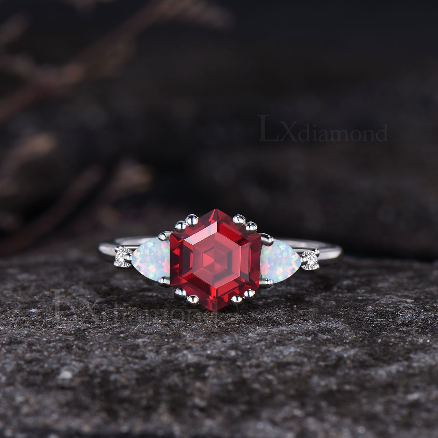 Dainty Hexagon Cut Ruby Engagement Ring Set Vintage July Birthstone Red ...