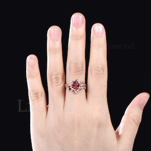 Unique Leaf Vine Twig Branch Nature Inspired Ring Set Art Deco Pear Cut Ruby Engagement Ring Set 14k Rose Gold Opal Moon Wedding Ring Women image 3