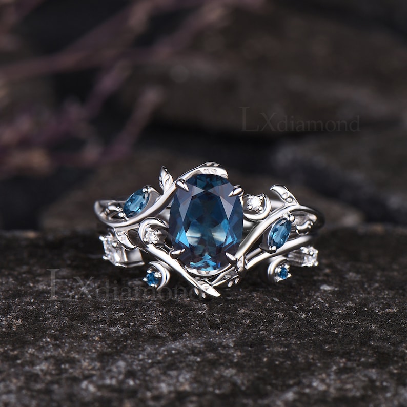 Unique Oval Cut Natural London Blue Topaz Engagement Ring Set Leaf Moon ...