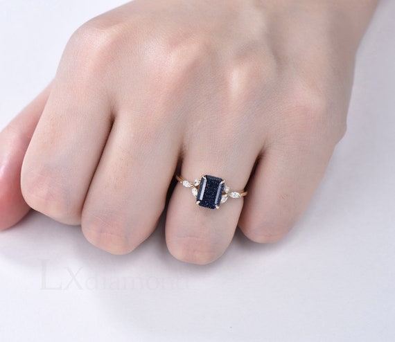 Blue Sandstone Ring~Emerald Cut Blue Sandstone Ring~925 Sterling Silver Ring~14K Gold Ring~Engagement Ring~Stackable Ring~Octagon Cut Ring